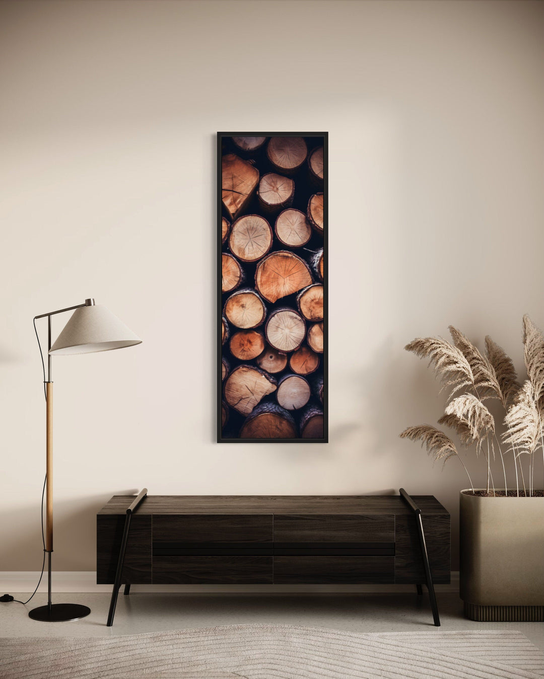 Tall narrow vertical framed canvas wall art featuring a rustic stack of wood tree-ring patterns.