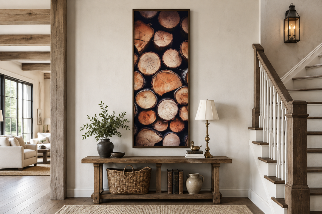 Tall narrow vertical rustic framed canvas wall art featuring a stacked wood slice pattern.