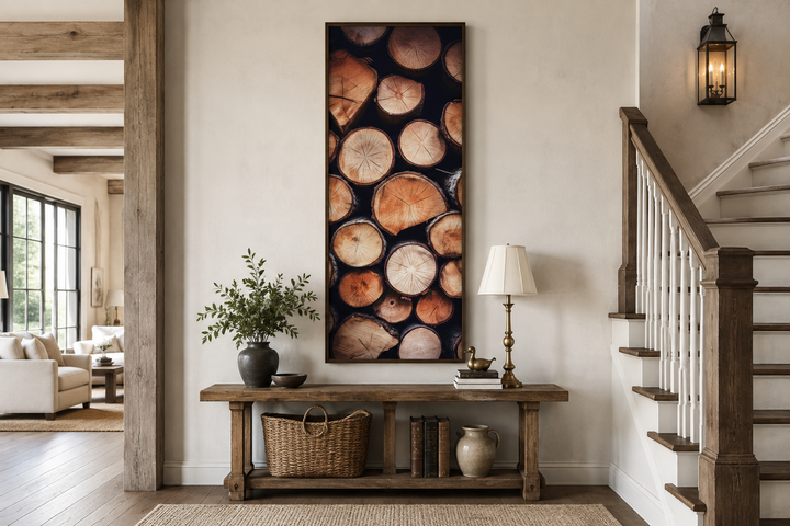 Tall narrow vertical rustic framed canvas wall art featuring a stacked wood slice pattern.