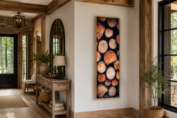 Tall narrow vertical rustic framed canvas wall art featuring a stack of wood slice patterns.