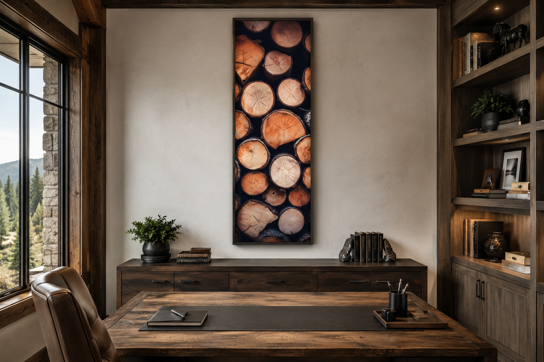 Tall narrow vertical rustic framed canvas wall art featuring a stack of wood tree ring patterns.