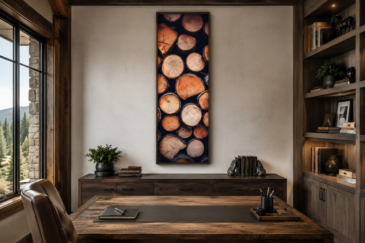 Tall narrow vertical rustic framed canvas wall art featuring a stack of wood tree ring patterns.