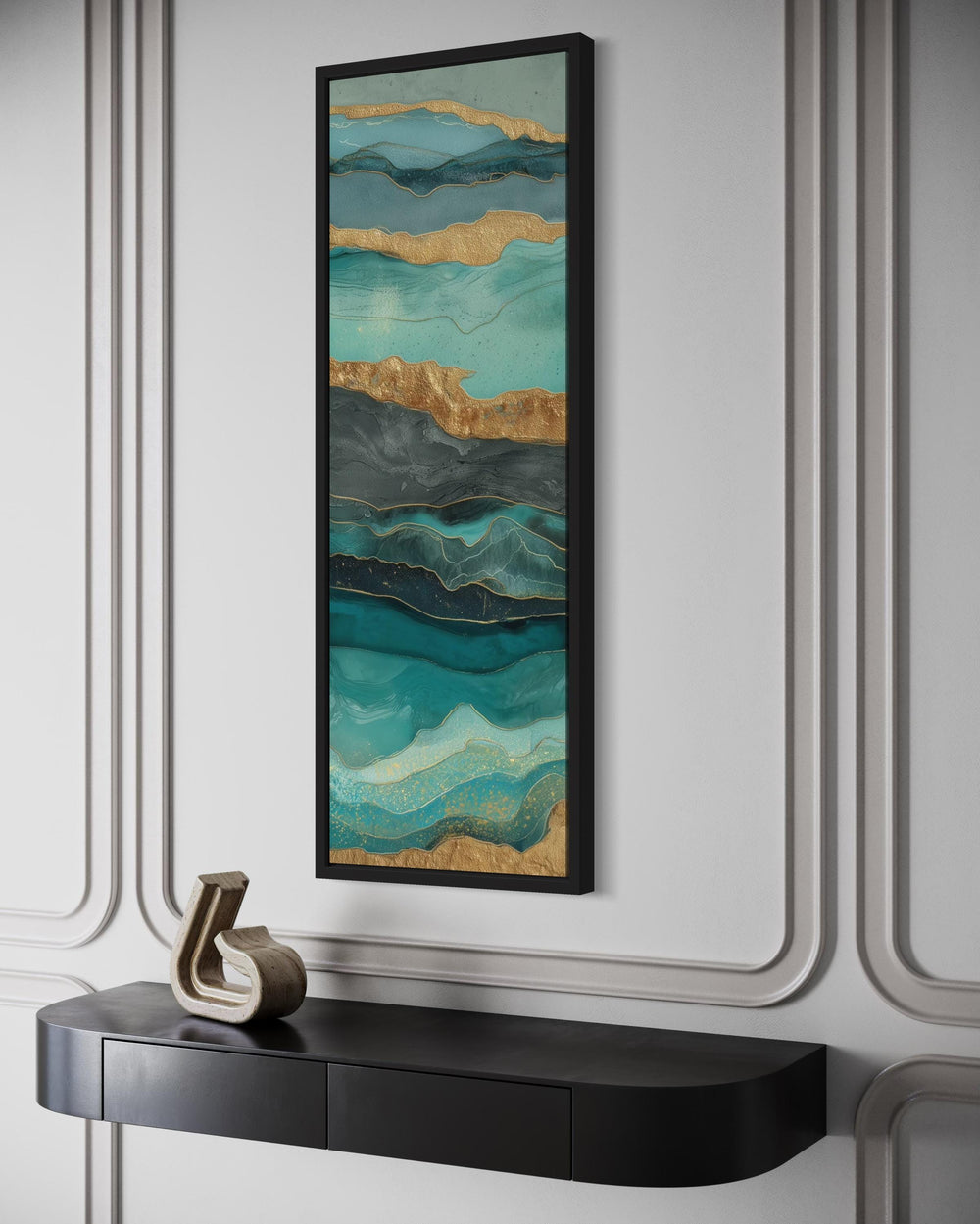 Tall Narrow Vertical Teal Gold Ocean Abstract Canvas Wall Art