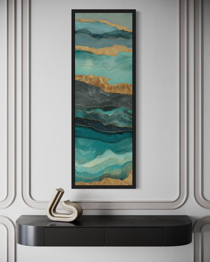 Tall Narrow Vertical Teal Gold Ocean Abstract Canvas Wall Art