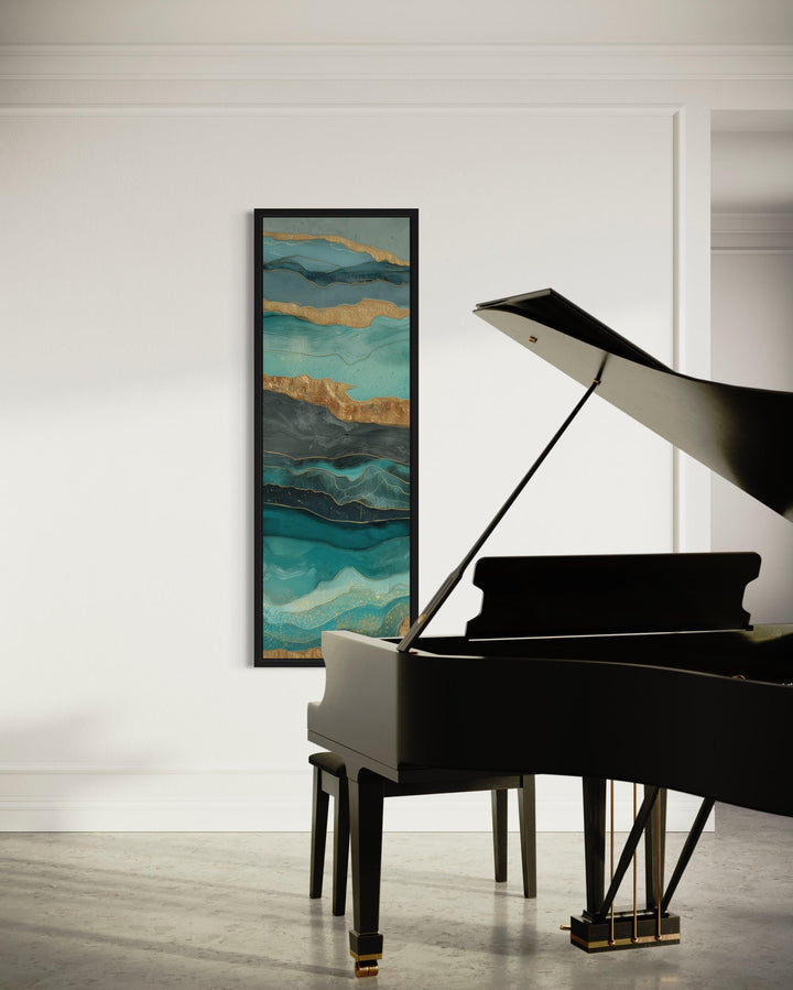 Tall Narrow Vertical Teal Gold Ocean Abstract Canvas Wall Art