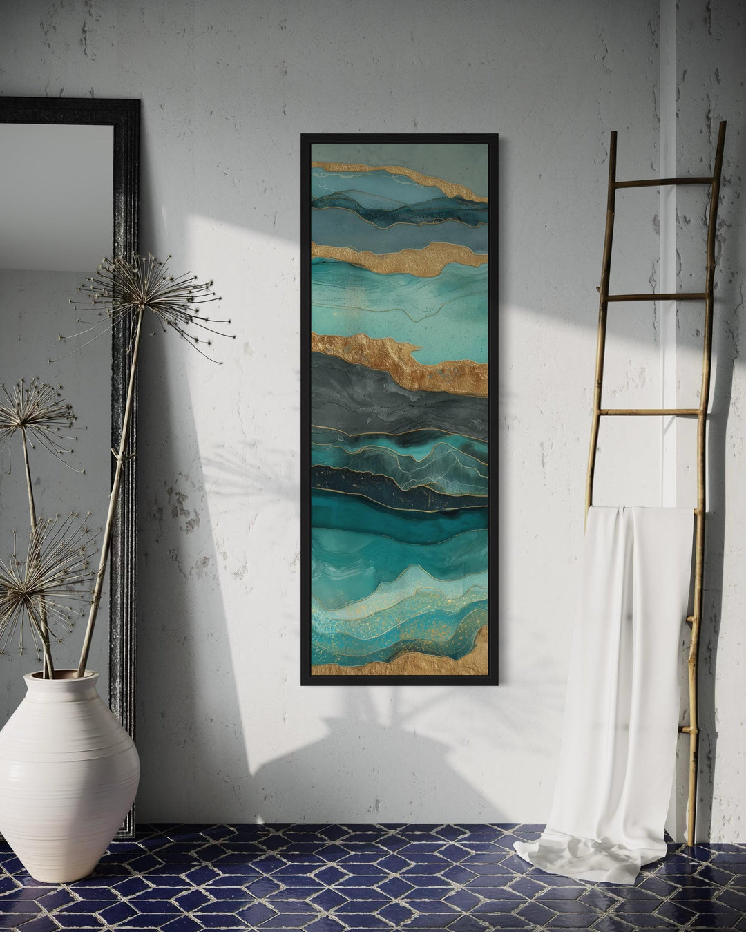 Tall Narrow Vertical Teal Gold Ocean Abstract Canvas Wall Art