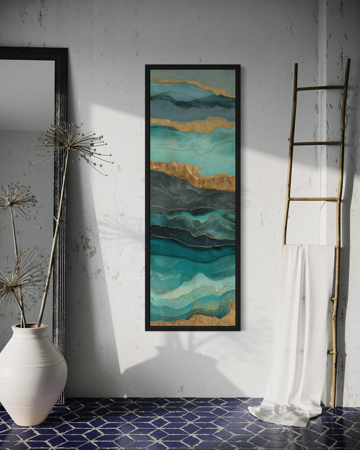 Tall Narrow Vertical Teal Gold Ocean Abstract Canvas Wall Art