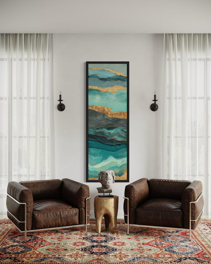 Tall Narrow Vertical Teal Gold Ocean Abstract Canvas Wall Art