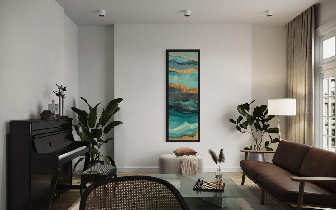 Tall Narrow Vertical Teal Gold Ocean Abstract Canvas Wall Art