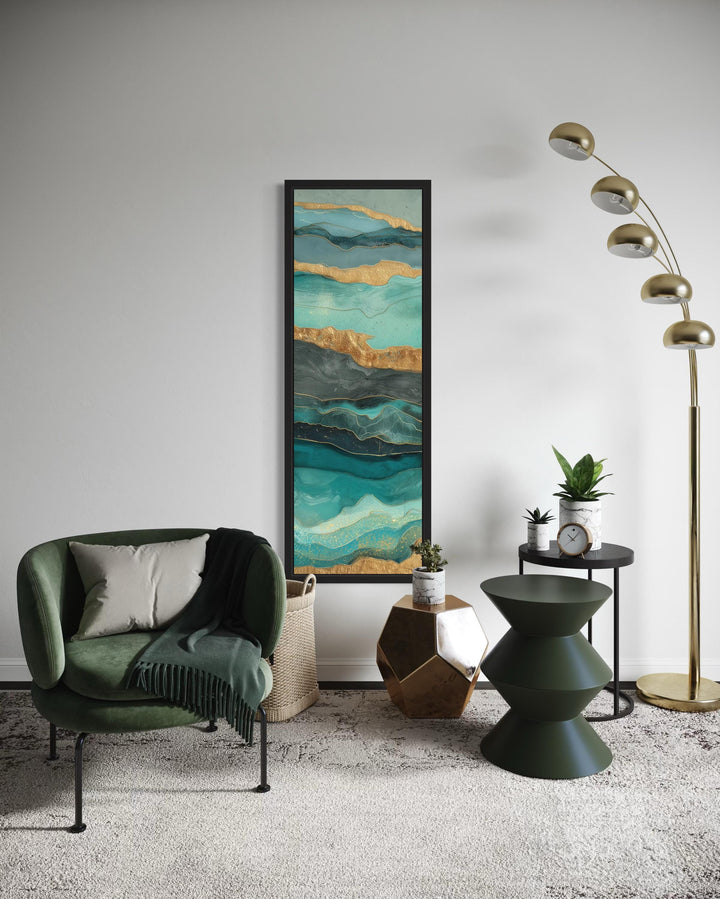 Tall Narrow Vertical Teal Gold Ocean Abstract Canvas Wall Art
