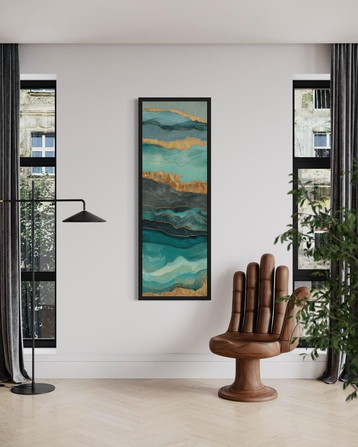Tall Narrow Vertical Teal Gold Ocean Abstract Canvas Wall Art