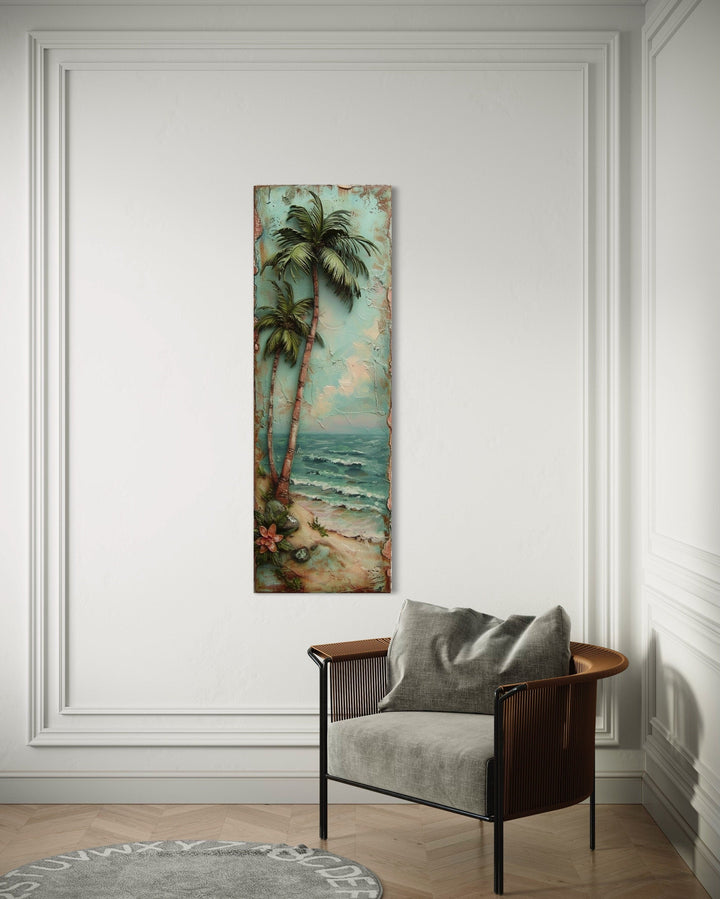 Tall Narrow Vertical Tropical Vintage Palm Tree Canvas Wall Art