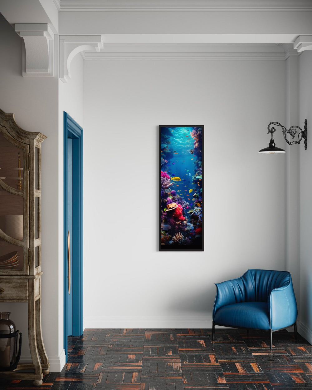 Tall Narrow Vertical Underwater Coral Reef With Tropical Fish Framed Canvas Wall Art