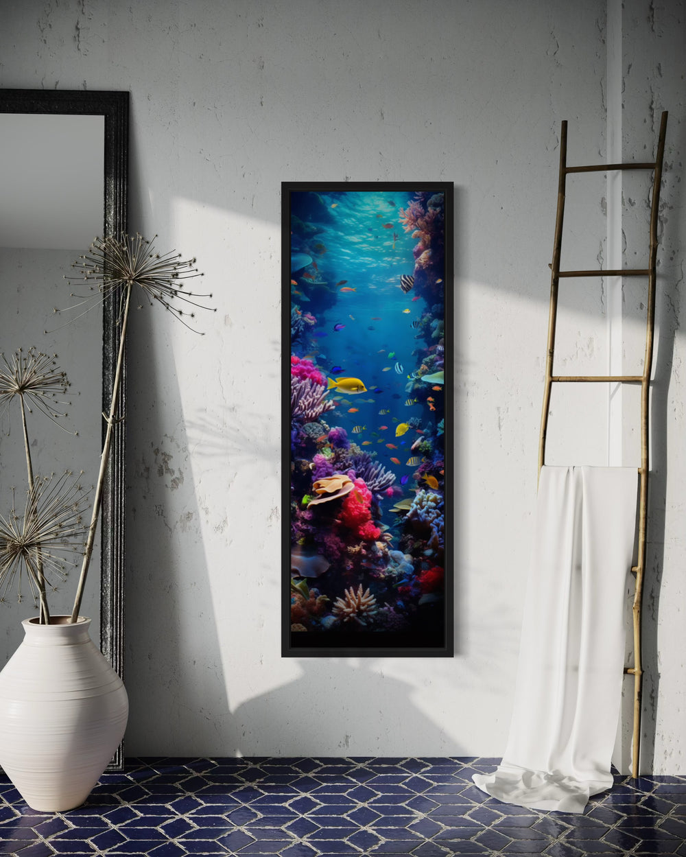 Tall narrow vertical framed canvas wall art of a vibrant underwater coral reef with tropical fish.