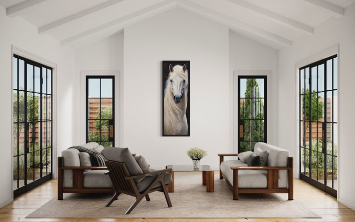 Tall Narrow Vertical White Horse Framed Canvas Wall Art