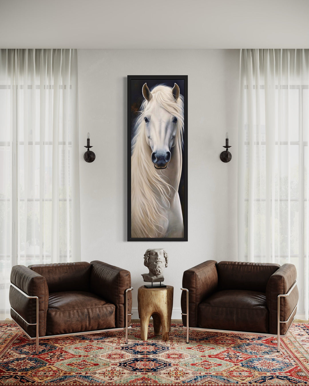 Tall Narrow Vertical White Horse Framed Canvas Wall Art