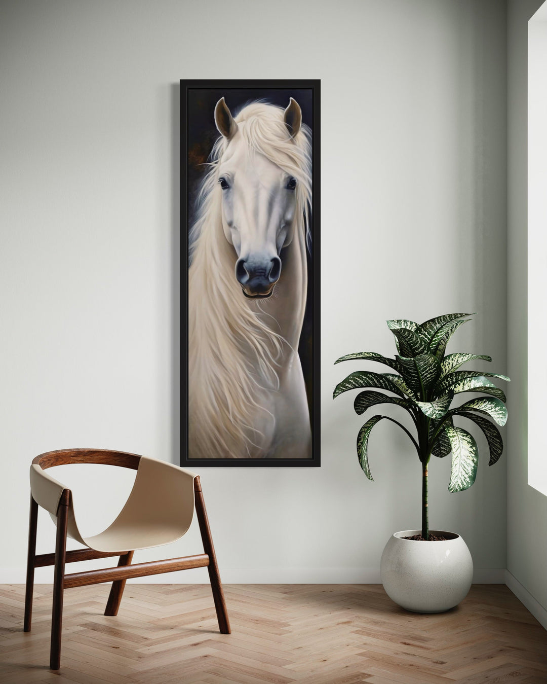 a painting of a white horse in a room