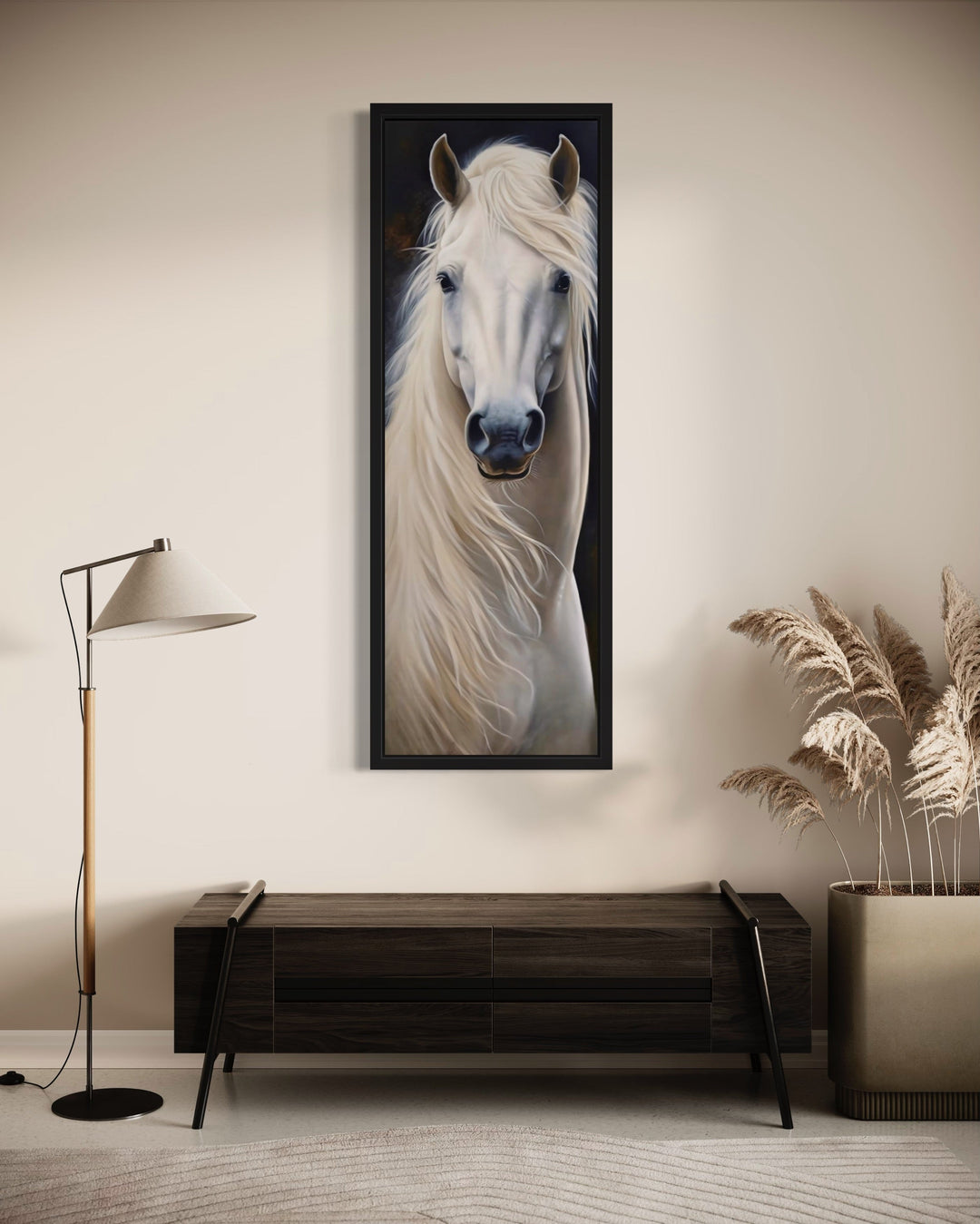 a painting of a white horse in a room