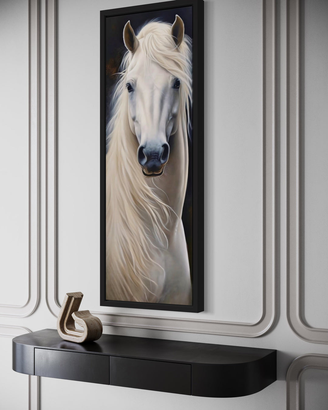 a painting of a white horse in a room