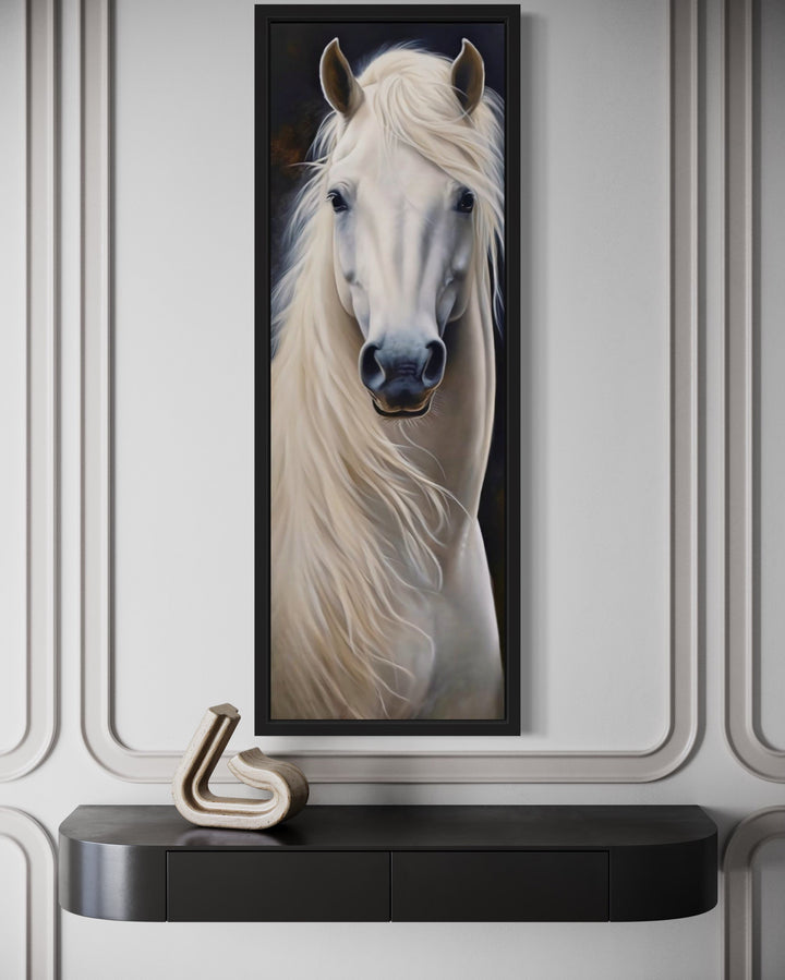 a painting of a white horse on a wall