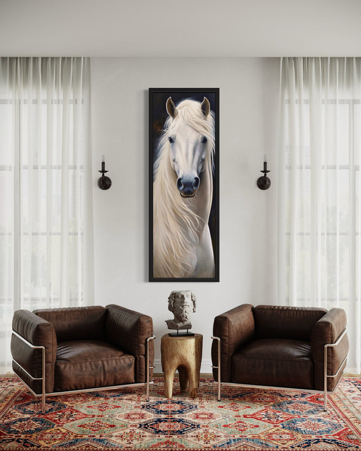 a living room with two chairs and a horse painting on the wall