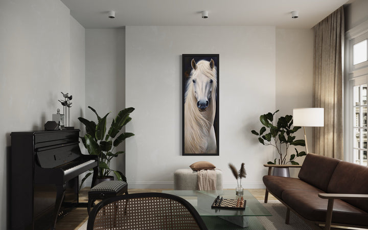 a living room filled with furniture and a Tall Narrow Vertical White Horse Framed Canvas Wall Art