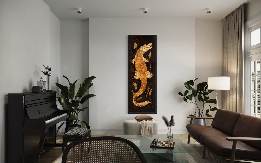 Tall Narrow Vertical Wooden Alligator Framed Canvas Wall Art in a living room filled with furniture