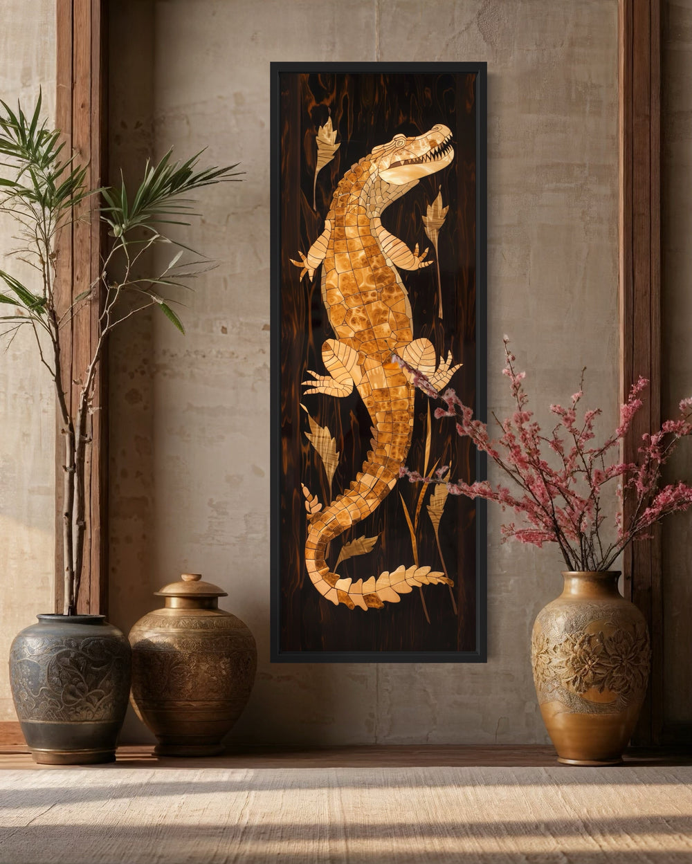 Tall narrow vertical wooden alligator framed canvas wall art.