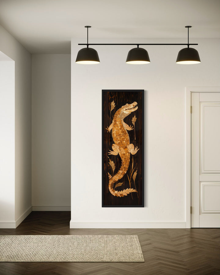 Tall Narrow Vertical Wooden Alligator Framed Canvas Wall Art