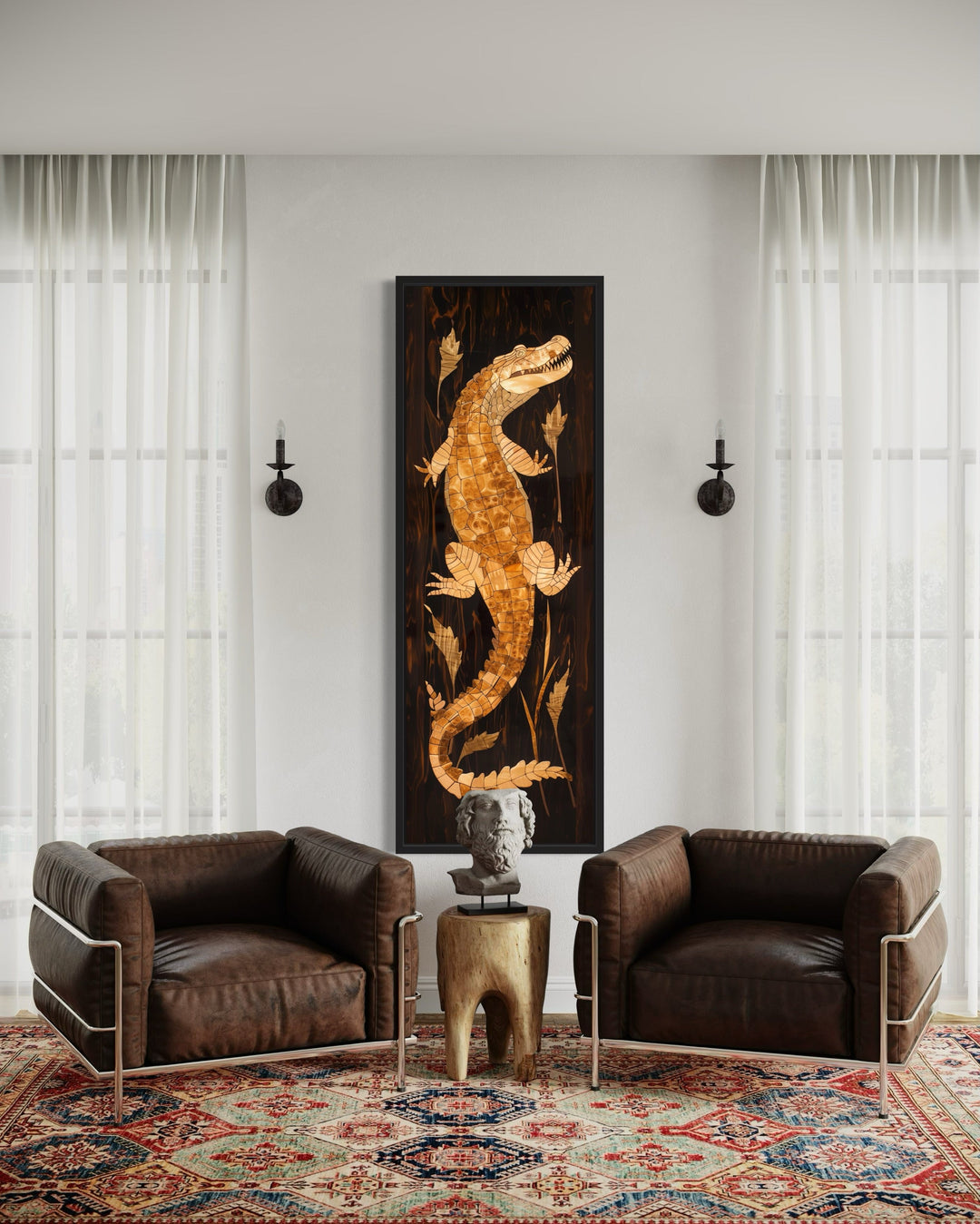 Tall narrow vertical wooden alligator framed canvas wall art.