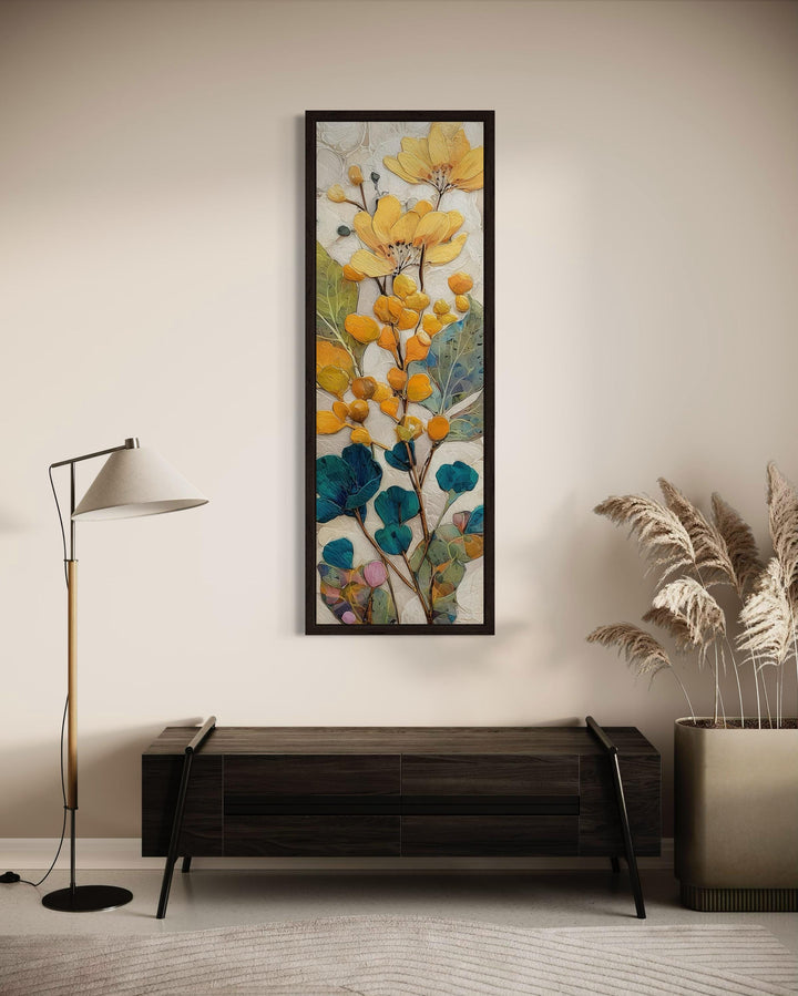 Tall Narrow Vertical Yellow Blue Floral Botanical Canvas Wall Art