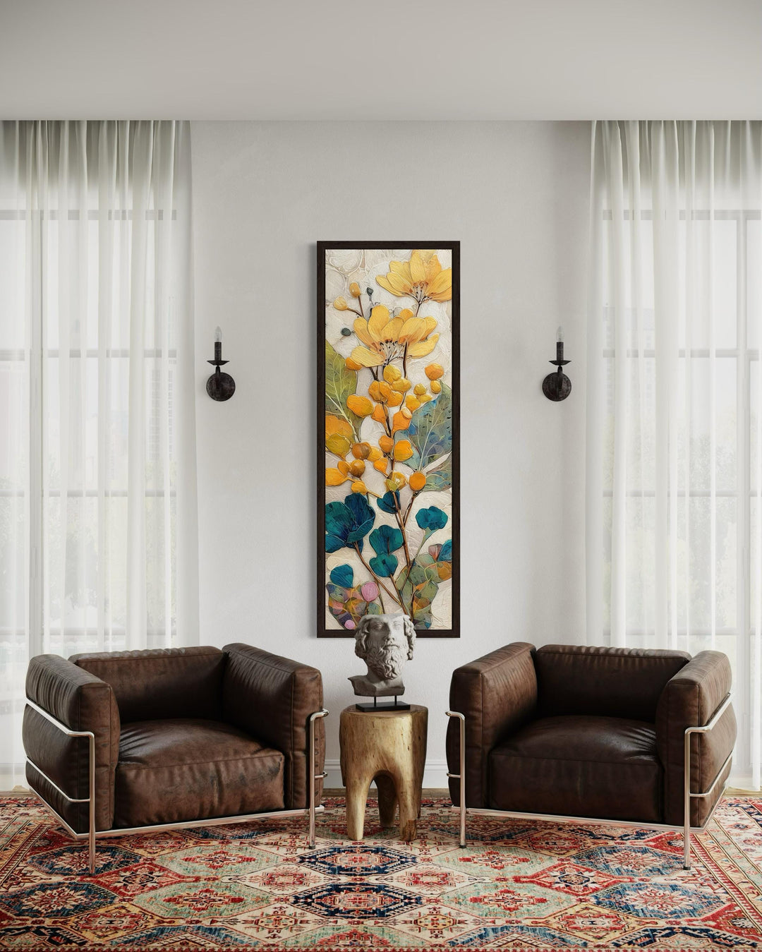 Tall Narrow Vertical Yellow Blue Floral Botanical Canvas Wall Art