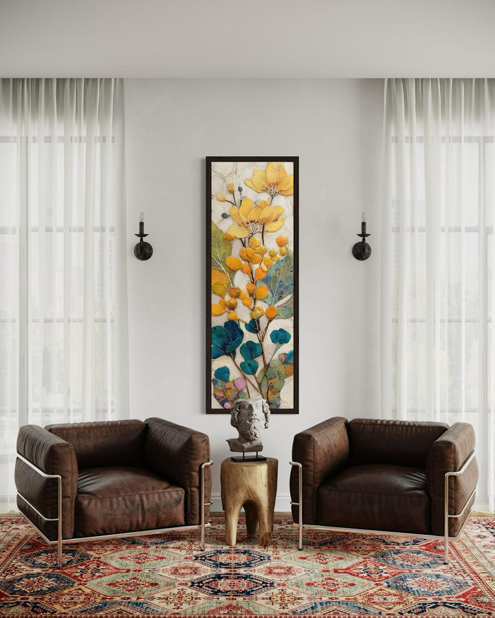 Tall Narrow Vertical Yellow Blue Floral Botanical Canvas Wall Art