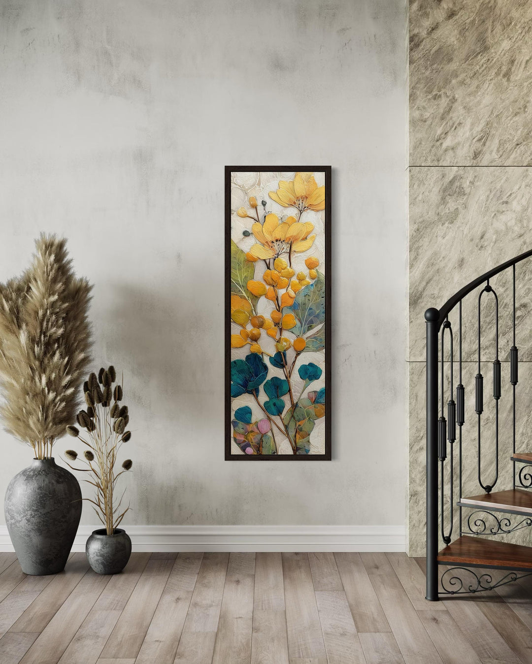 Tall Narrow Vertical Yellow Blue Floral Botanical Canvas Wall Art