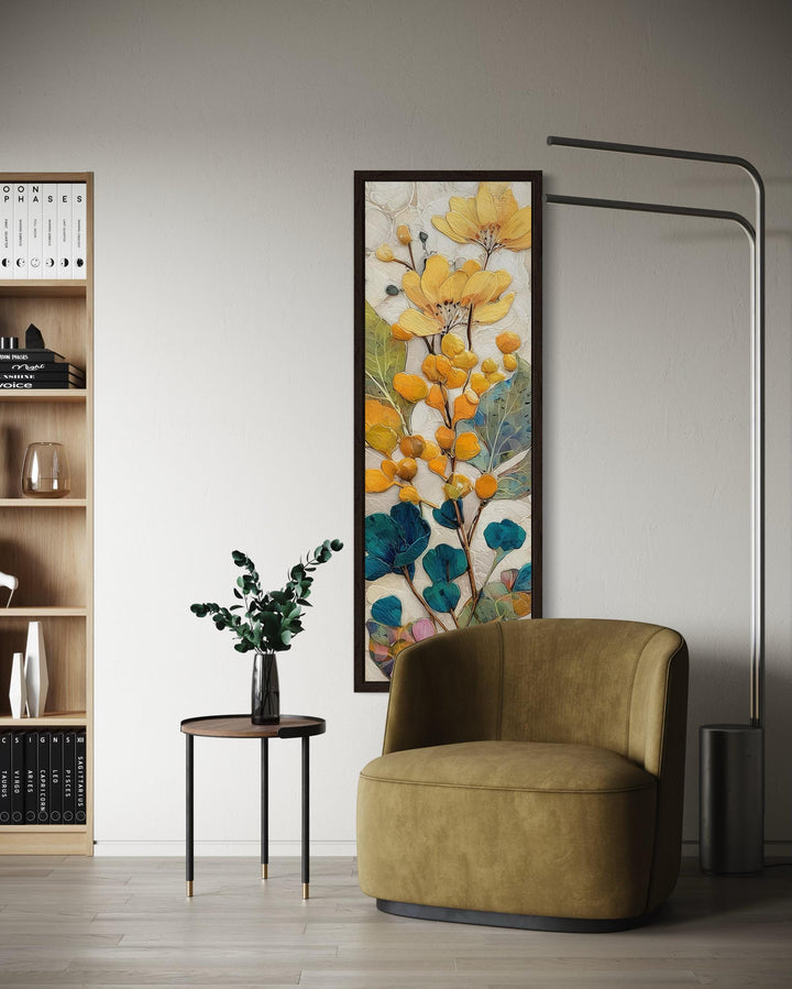 Tall Narrow Vertical Yellow Blue Floral Botanical Canvas Wall Art
