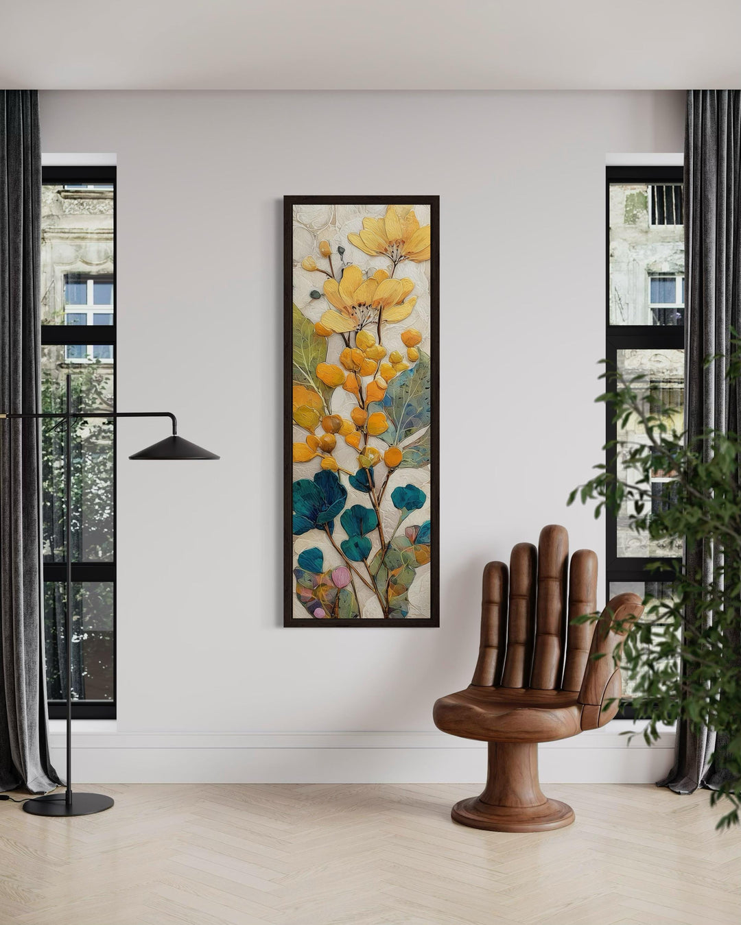 Tall Narrow Vertical Yellow Blue Floral Botanical Canvas Wall Art