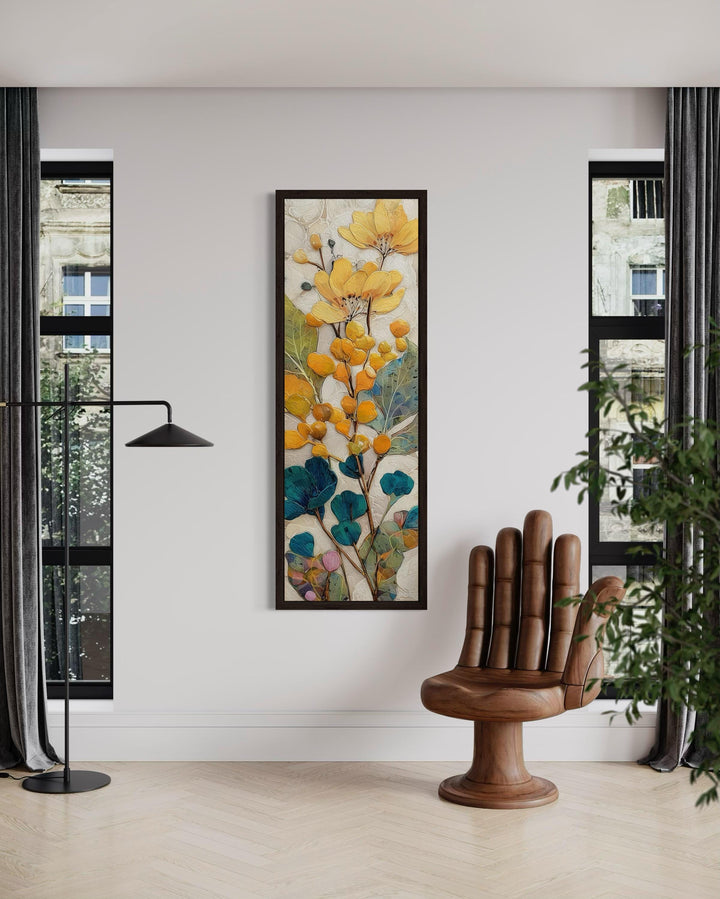 Tall Narrow Vertical Yellow Blue Floral Botanical Canvas Wall Art