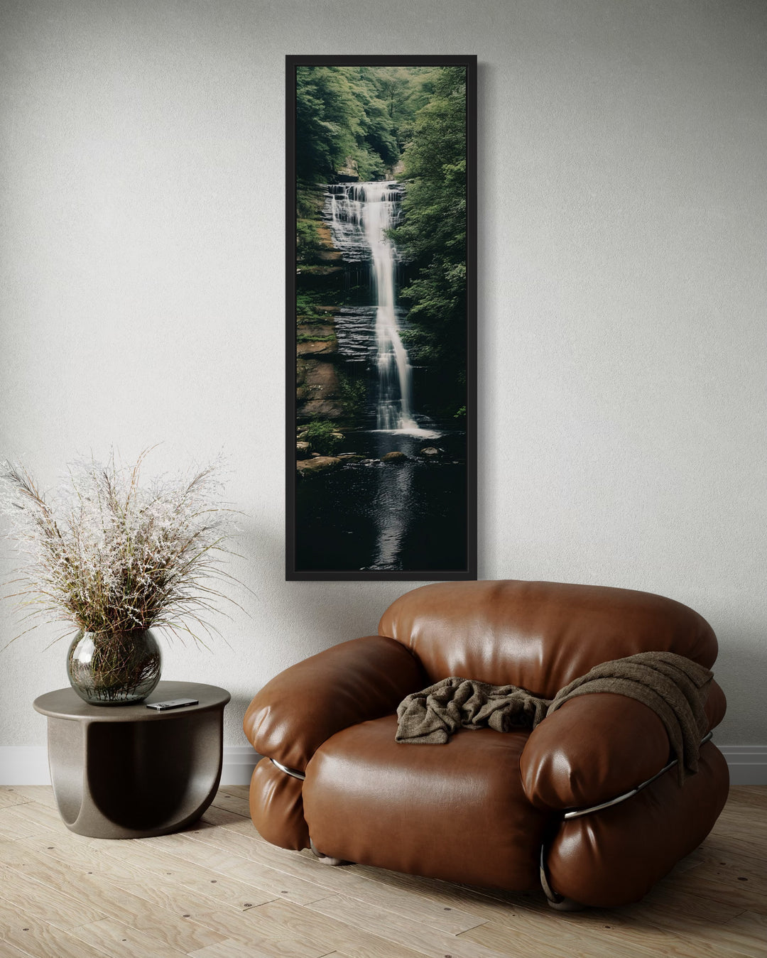 Tall Narrow Vertical Zen Waterfall Framed Canvas Wall Art