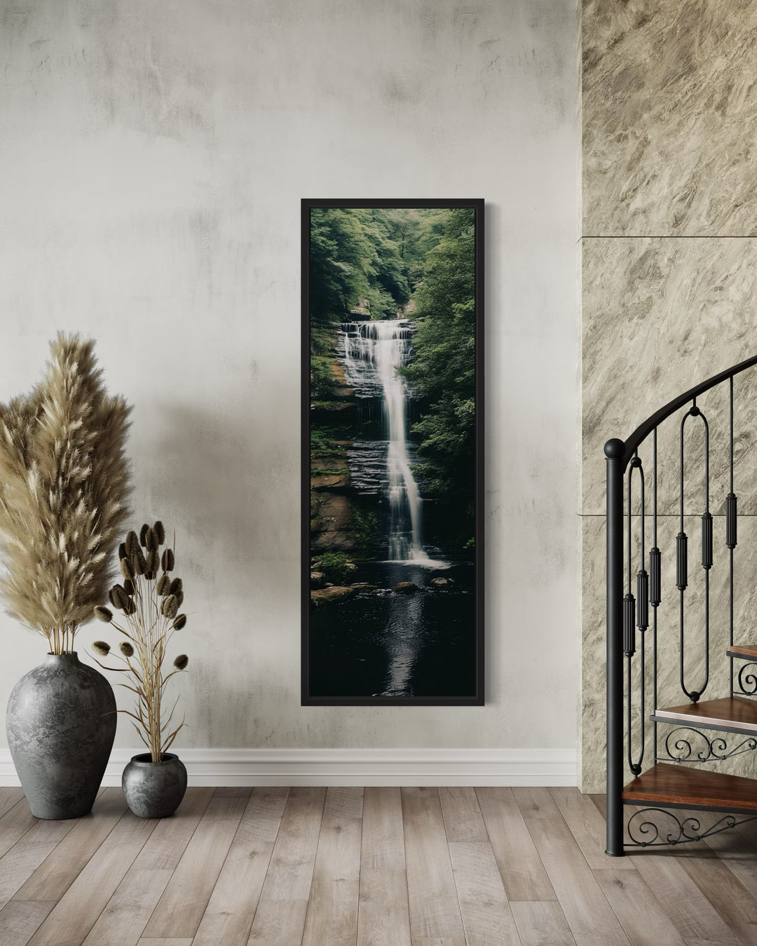 Tall Narrow Vertical Zen Waterfall Framed Canvas Wall Art