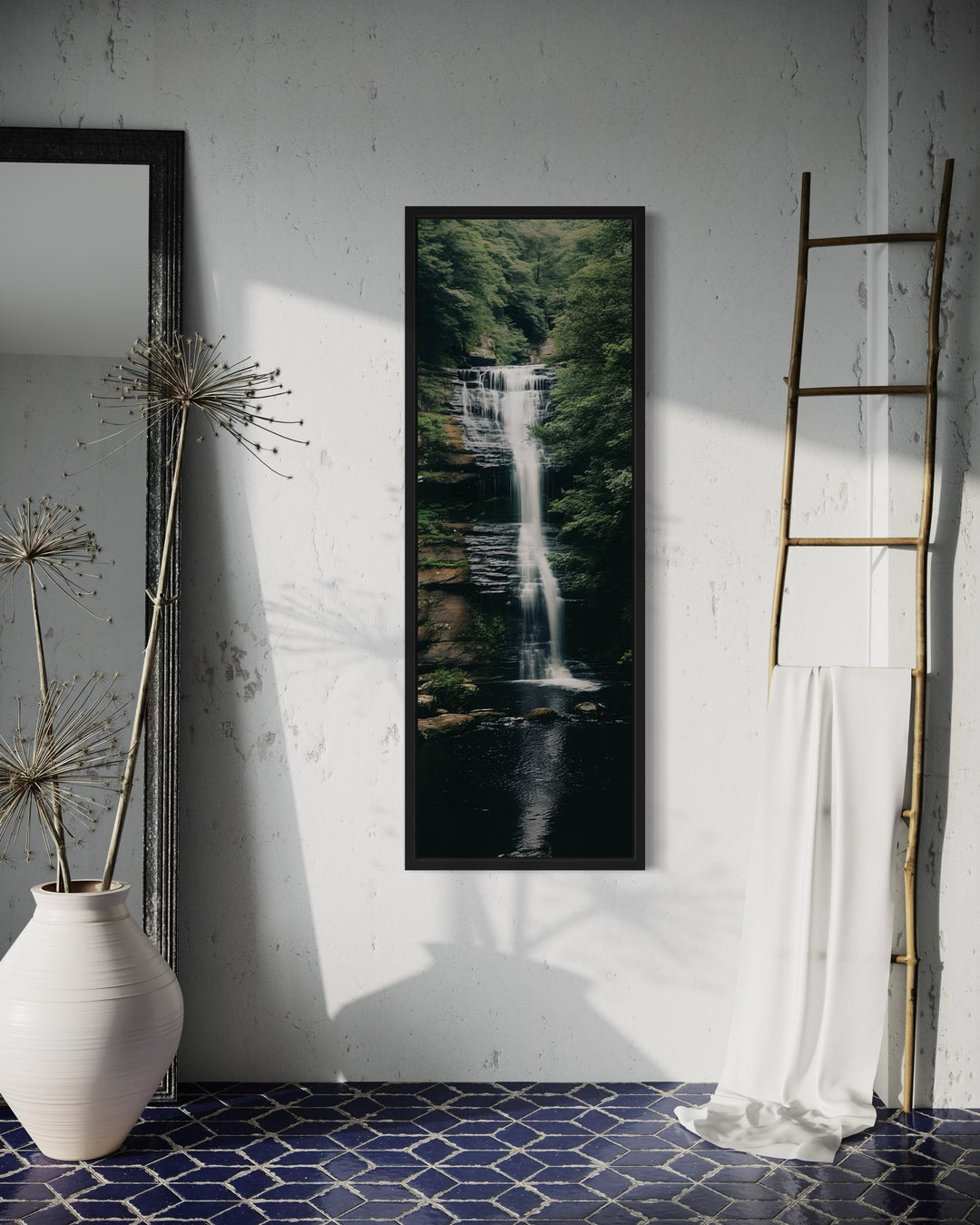 Tall Narrow Vertical Zen Waterfall Framed Canvas Wall Art