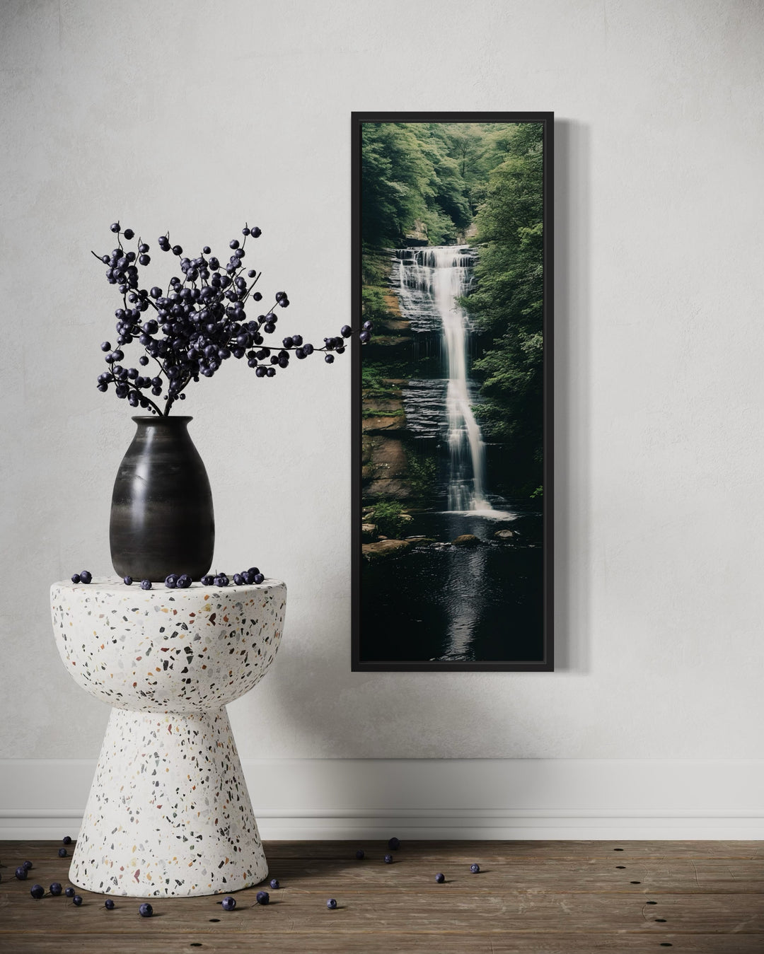 Tall Narrow Vertical Zen Waterfall Framed Canvas Wall Art