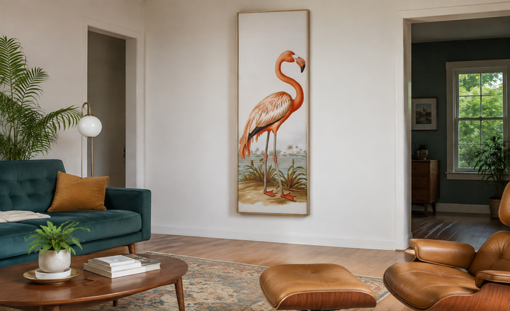 Tall narrow vertical framed canvas wall art featuring a vintage-style flamingo in a living room.