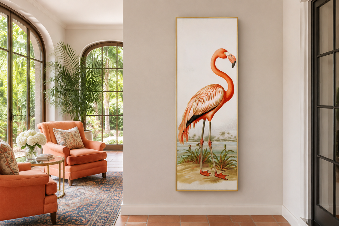 Tall narrow framed canvas wall art featuring a vintage-style orange flamingo on a neutral wall.