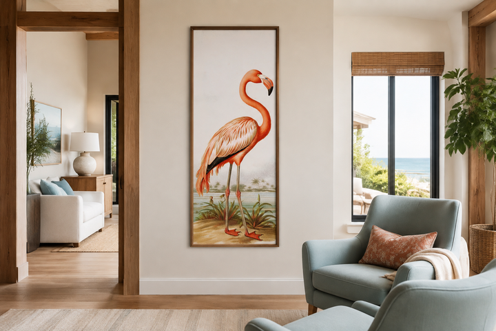 Tall narrow framed canvas wall art featuring a vintage-style flamingo in a neutral living room.