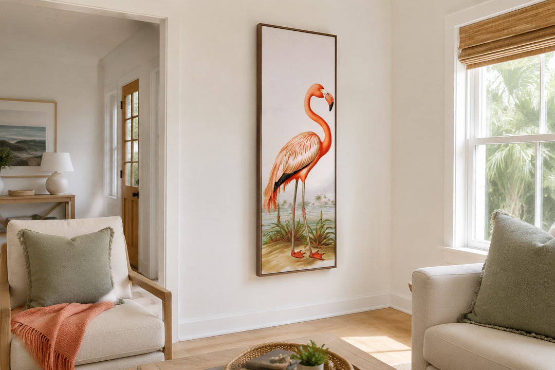 Tall narrow framed canvas wall art featuring a vintage-style flamingo in a bright living room.