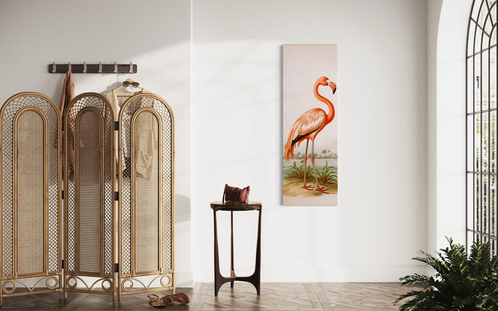 Tall Narrow Vintage Flamingo Vertical Framed Canvas Wall Art