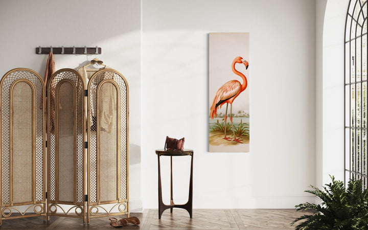 Tall Narrow Vintage Flamingo Vertical Framed Canvas Wall Art