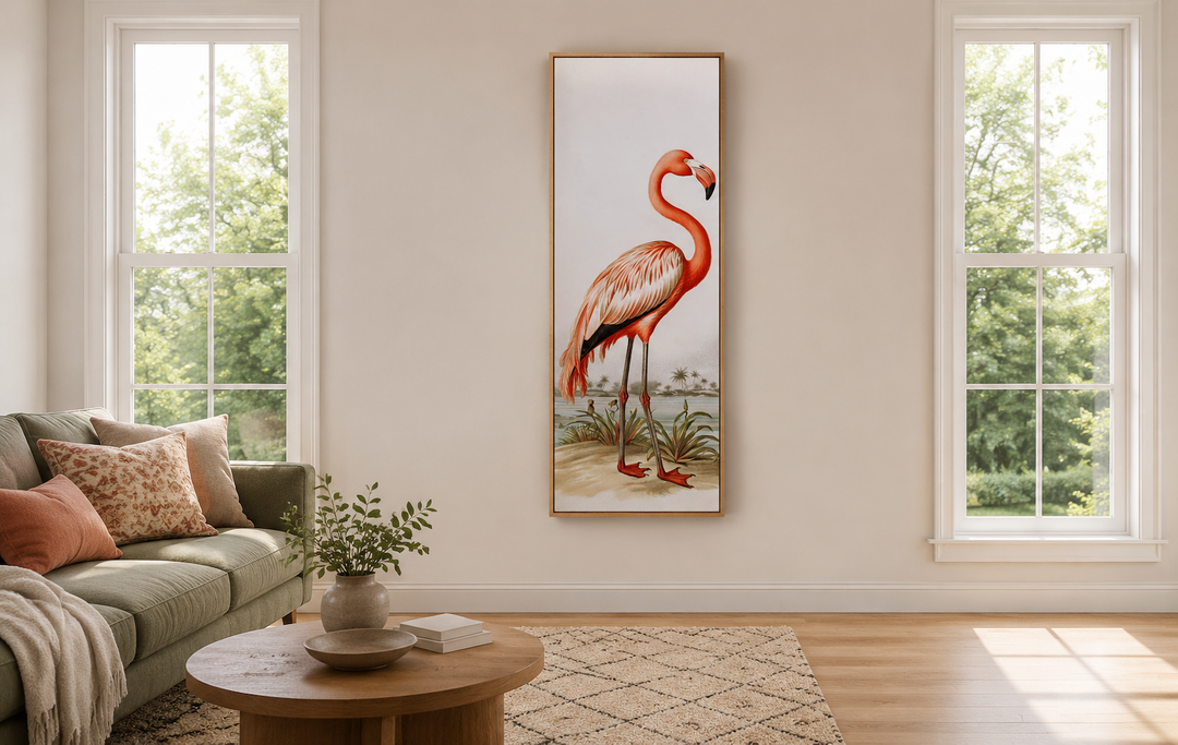 Tall narrow framed canvas wall art featuring a vintage-style flamingo in a neutral living room.