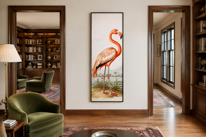 Tall narrow framed canvas wall art featuring a vintage-style flamingo in a classic interior setting.