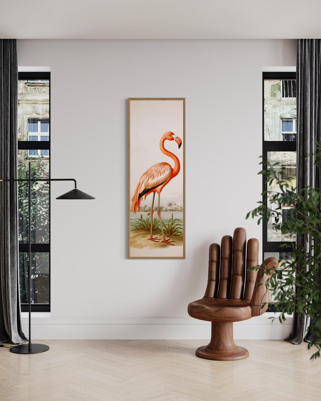 Tall narrow vintage flamingo vertical framed canvas wall art hanging in a modern living room.